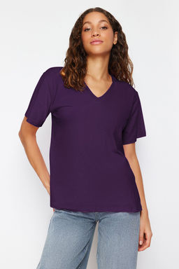 Mor %100 Pamuk Oversize/Genis Kal?p V Yaka Orme T-Shirt TWOSS23TS00003