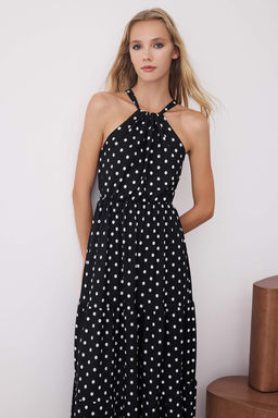 Siyah Puantiyeli Boyundan Baglamal? Bask?l? Orme Elbise TWOSS23EL00705