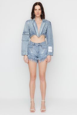 TRENDYOLMILLA X Sagaza Studio Mavi Tas Bask?l? Denim Sort TCLSS23SR00000  фото 4