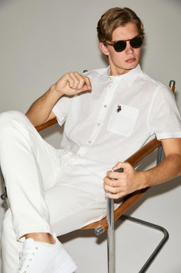 Erkek Beyaz K_sa Kollu Keten Kar___ml_ G_mlek