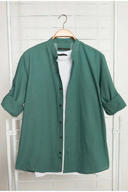Koyu Ye_il Slim Fit Basic Hakim Yaka Apoletli %100 Pamuklu Keten G_r_n_ml_ G_mlek TMNSS20GO0188