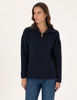 Lacivert Comfort Fit Fermuarl_ Dik Yaka Kazak