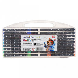 Маркер для рисования "Metallic Glitter" на водной основе, с блестками, мягкий наконечник - кисточка, круглая форма, тонкий, набор 36шт, в пластмассовом кейсе с ручкой 27,7х14,5х2,5см (Китай)