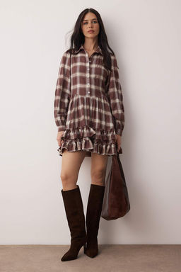 Kahverengi Ekose / Kareli F?rf?rl? K?sa / Mini Dokuma Elbise TWOAW26EL00353