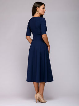 Платье синее длины миди с глубоким вырезом и рукавами 1/2 - 1001dress фото 3