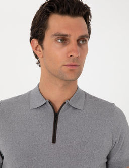 Gri Slim Fit Fermuarl_ Polo Yaka Triko T-shirt
