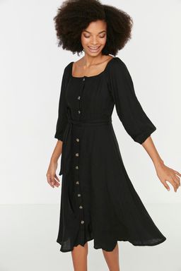 TRENDYOLMILLA Ekru Kusakl? Midi Dugmeli Kare Yaka Dokuma Keten Gorunumlu Elbise TWOSS19IE0009  фото 6