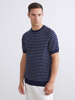 Bisiklet Yaka K?sa Kollu ?izgili Erkek Triko Kazak