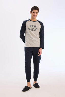 Regular Fit Pijama Tak?m? Bask?l? Uzun Kollu Ust Uzun Alt - Defacto фото 2
