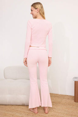 Ac?k Pembe Bel Detayl? H?rka Fitilli/Pointel Orme Pijama Tak?m? THMSS26PT00019 - Trendyolmilla фото 4