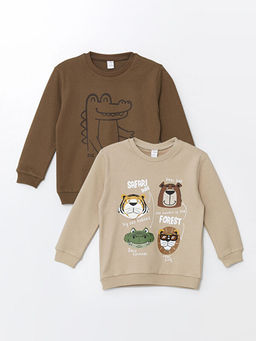 Bask?l? Uzun Kollu Erkek Bebek Sweatshirt 2li