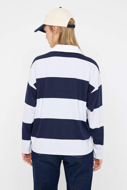 Lacivert Cizgili Polo Yaka Oversize/Genis Kal?p Orme Sweatshirt TWOAW26SW00051