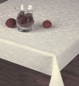 Скатерть арт. 719-085, РЕЛЬЕФ, ТЕФЛОНОВАЯ, прямоугольная, 120 см х 155 см, КРЕМОВАЯ с вышивкой из мерцающей пряжи,