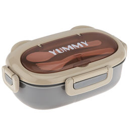 Ланч-бокс для продуктов пластмассовый Вкусно 20х12см h6,3см, 2 отделения 1л, с ложкой 14,3см, с вилкой 14,3см, с клипсами, с пароотводом, с уплотнителем, цвета в ассортименте: серо-бежевый, зеленый, сине-желтый, розово-карамельный, в п/эт пакете (К - Домашняя мода фото 4