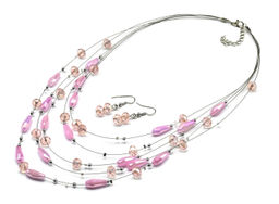 Колье и серьги 5 нитей из циркона цв.розовый, 45см