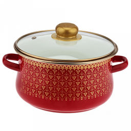 Набор эмалированных кастрюль "Ажурный" 3 предмета: 2л, 3л, 4л, цилиндрическая форма, стекляннеая крышка с пластмассовой ручкой, ободок из нержавеющей стали, бордовый (Россия)
