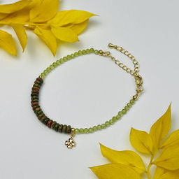 Браслет из Хризолита и Унакита с подвеской "Клевер"