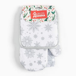 Кухонный набор Доляна. Снежинки: серебро, прихватка 17?17 см, варежка 26?16 см, фартук 70?80 см, 100% п/э