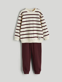 Bisiklet Yaka ?izgili Erkek ?ocuk Sweatshirt ve E?ofman Alt 2li
