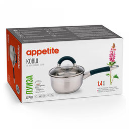 Ковш из нержавеющей стали "Луиза" 1,4л, д13,5см, h7,7см, стеклянная крышка, просиликоненные ручки, подарочная коробка, "Appetite" (Китай) Подходит для индукционных плит