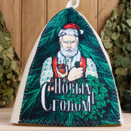 Шапка для бани и сауны, с принтом С новым годом! Дед Мороз с веником и бокалом , полиэфир 70%, шерсть 30%, Банная забава фото 4