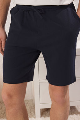 TRENDYOL MAN Ekru - Lacivert Regular Fit Bask?l? Alt Waffle Orme Sortlu Pijama Tak?m? TMNSS25PT00025 - Trendyolmilla фото 3