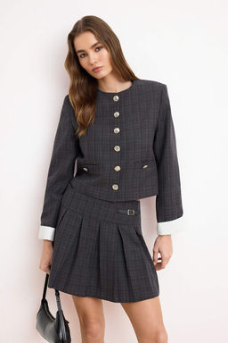 Antrasit Ekoseli Manset Detayl? Dokuma Dugmeli Ceket TWOSS26CE00018