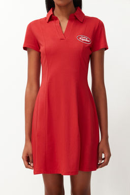 K?rm?z? Skater/Belden Ac?lan Nak?sl? Pamuklu Esnek Orme Mini Elbise TWOSS24EL00819