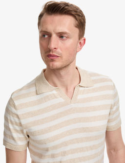 Bej Slim Fit Keten Kar___ml_ Apa_ Yaka Triko Ti__rt
