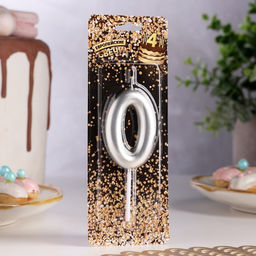 Свеча в торт «Европейская», цифра 0, 6 см, серебро