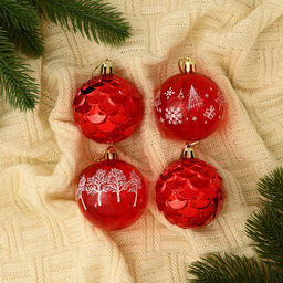 Ёлочные игрушки Новогодние забавы, шары новогодние, d=5.5 см, набор 4 шт., шишки геометрия, красный - Зимнее волшебство фото 3