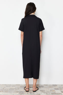 Siyah Polo Yaka K?sa Kol Midi Burumcuk/Dokulu Orme Elbise TWOSS24EL00478