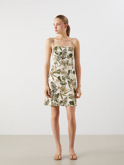 Kare Yaka ?i?ekli Keten Kar???ml? Mini Elbise