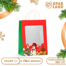 Цена за 12 шт. Пакет подарочный новогодний крафт, с окном Снеговик30?22?14 см