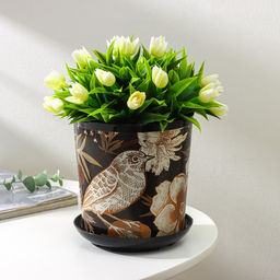 Горшок для цветов с поддоном Доляна «Голди.Птицы», 1,6 л, d=14 см, h=15,5 см, пластиковый, цвет чёрный