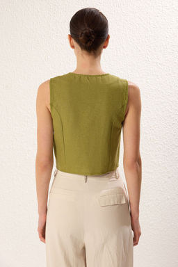 TRENDYOLMILLA Bej Regular Pamuk Crop Keten Dokuma Yelek TWOSS24YE00024  фото 10