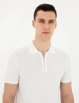 Beyaz Slim Fit Fermuarl_ Polo Yaka Triko Ti__rt - Pierre cardin фото 2