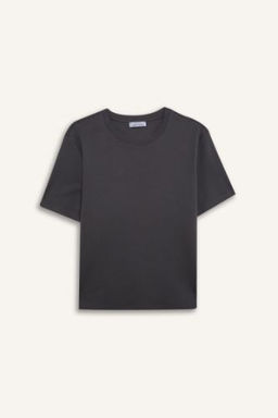 Regular Fit Bisiklet Yaka Basic Duz Kal?n Kumas K?sa Kollu Tisort