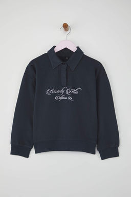 Lacivert 100% Pamuk Slogan Bask?l? Polo Yaka Oversize Orme K?z Cocuk Sweatshirt TKDAW26SW00009 - Trendyolmilla фото 2