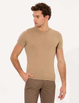 Bej Slim Fit Bisiklet Yaka Triko T-shirt