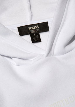 Beli lastikli Kapusonlu Beyaz Sweatshirt - Mavi фото 7