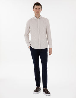 Bej Slim Fit _izgili Uzun Kollu G_mlek