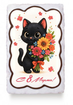 Черный котик с букетом "с 8 Марта" (130 гр)
