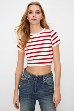 Premium Ekru-K?rm?z? Ekru Cizgili 2li Paket Viskoz Crop Esnek Orme Bluz TWOSS23BZ00194