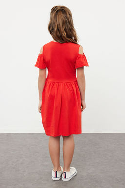 K?rm?z? K?z Cocuk Omuz Cut Out Pamuklu K?sa Kol Bayraml?k Orme Elbise TKDSS24EL00003 - Trendyolmilla фото 2