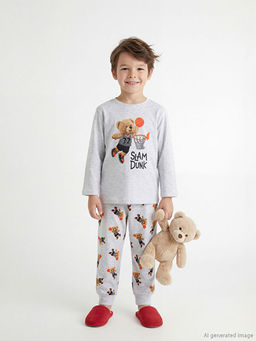 Bask?l? Erkek ?ocuk Penye Pijama Tak?m