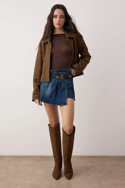 Mavi Pileli Kemer Detayl? Denim Sort Etek TWOAW26SR00042