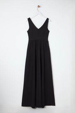 Siyah Fiyonk Detayl? Dokuma S?k Uzun Abiye & Mezuniyet Elbise TPRAW25AE00009