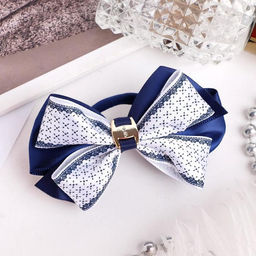 Цена за 6 шт. Бант для волос на резинке Школьница, текстура, 9.5 см, бело-синий