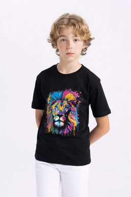 Футболка с короткими рукавами и круглым вырезом для мальчиков с принтом льва - Defacto фото 3